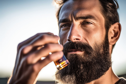 a man with a beard holding a small bottle of perfume