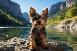 um cachorro sentado em uma pedra por um corpo de água