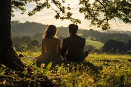 un homme et une femme assis sur l'herbe sous un arbre
