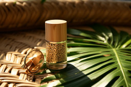 a bottle of brown and gold objects on a palm leaf