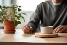 Une personne assise à une table avec une tasse de café