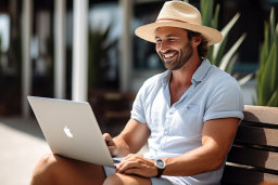 un uomo che indossa un cappello e usa un laptop