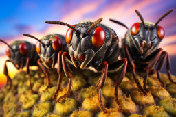 close up of a group of black insects with red eyes
