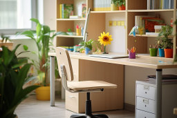 a desk with a chair and a flower on it