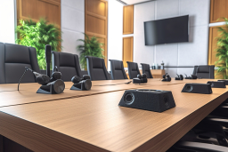 a conference table with speakers and microphones