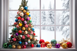 un arbre de Noël avec des ornements et une fenêtre