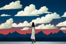 a woman in a white dress looking at a sunset
