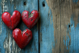 Weathered Hearts on Blue Wooden Background