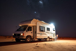 Ein weißer Wohnmobil in der Wüste geparkt