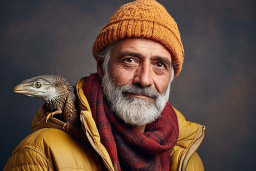 a man with a beard and a lizard on his shoulder