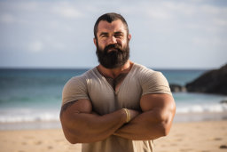 Man Standing on Beach with Arms Crossed