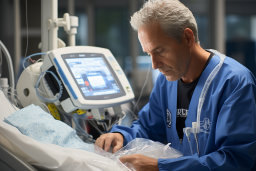 Un homme en uniforme bleu regardant un patient