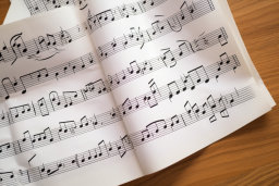 Uma folha de música com notas em preto e branco