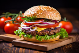 un hamburger avec des légumes sur une planche à découper