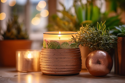 a candle in a pot with a plant and a potted plant