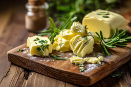 Butter and Rosemary on Wooden Board
