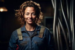 a woman in overalls smiling