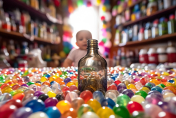 a glass bottle in a pile of balls