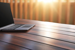 Laptop on Wooden Table at Sunset