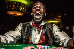 a man laughing at a poker table