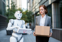 a woman holding a box and a robot