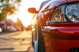 Close-up of Red Car Headlight at Sunset