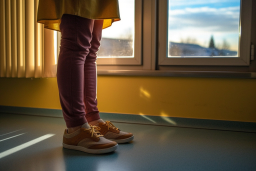 Les jambes d'une personne dans une robe jaune et un pantalon violet