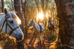 Eine Frau reitet Pferde durch den Wald