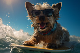 un perro con gafas de sol y montando una tabla de surf