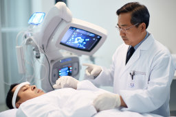 un homme en blouse de laboratoire blanche et des gants en regardant un patient