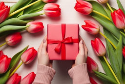 Hands Holding Gift Box Amongst Tulips