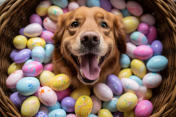 un chien allongé dans un tas d'œufs de bonbons