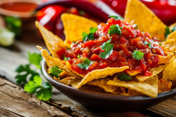 a bowl of chips with salsa and cilantro