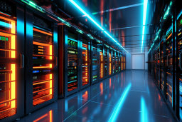 Futuristic Data Center with Blue and Orange Lights