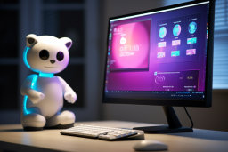 a white robot sitting in front of a computer monitor
