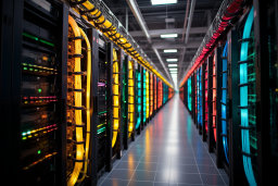 Una fila di server per computer con fili colorati