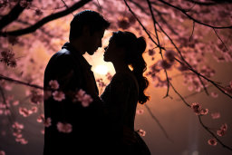 Un homme et une femme s'embrassant sous un arbre avec des fleurs roses