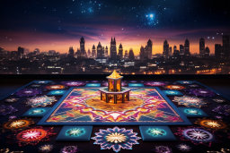 Futuristic Cityscape with Illuminated Board Game