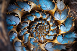a spiral of blue and gold leaves