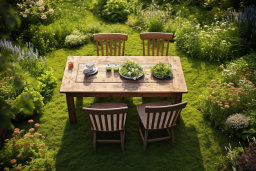 Un tavolo con piatti di cibo e sedie in una zona erbosa