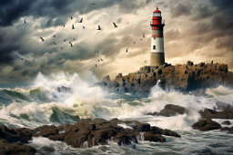 a lighthouse on a rocky island with waves crashing on it