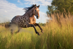 Un cavallo che corre in erba alta