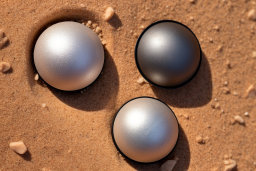 Ezüst golyók egy csoportja homokban