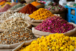 Colorful Display of Spices and Flowers at Market