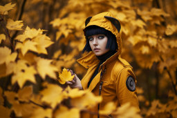 a woman in a yellow coat