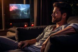 a man sitting on a couch looking at a television