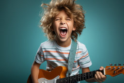 un enfant avec une guitare et sa bouche ouverte