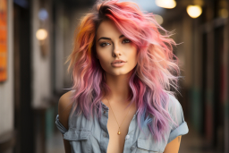 una donna con capelli rosa e viola