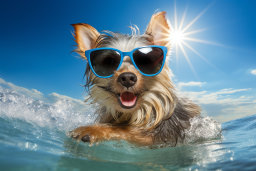 Um cachorro usando óculos de sol na água