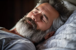a man with a beard sleeping on a bed